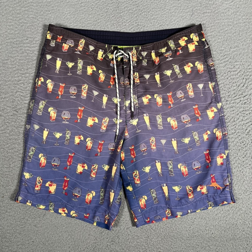 Tommy Bahama Shorts Mens Medium Blue Cocktail All Over Boardshorts Swim Surf